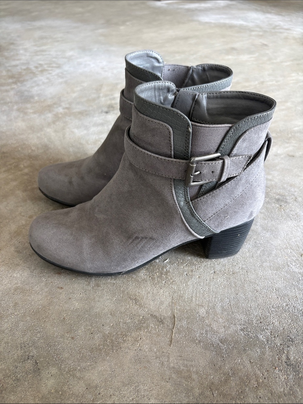 Women's Gray Suede Ankle Boots with Buckle Strap